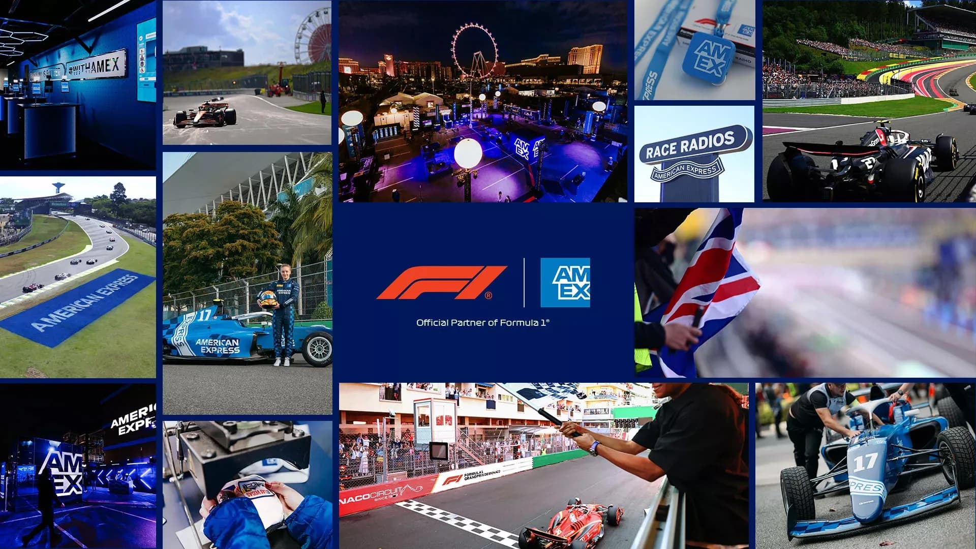 Montage of F1 cars and circuits with AmEx branding