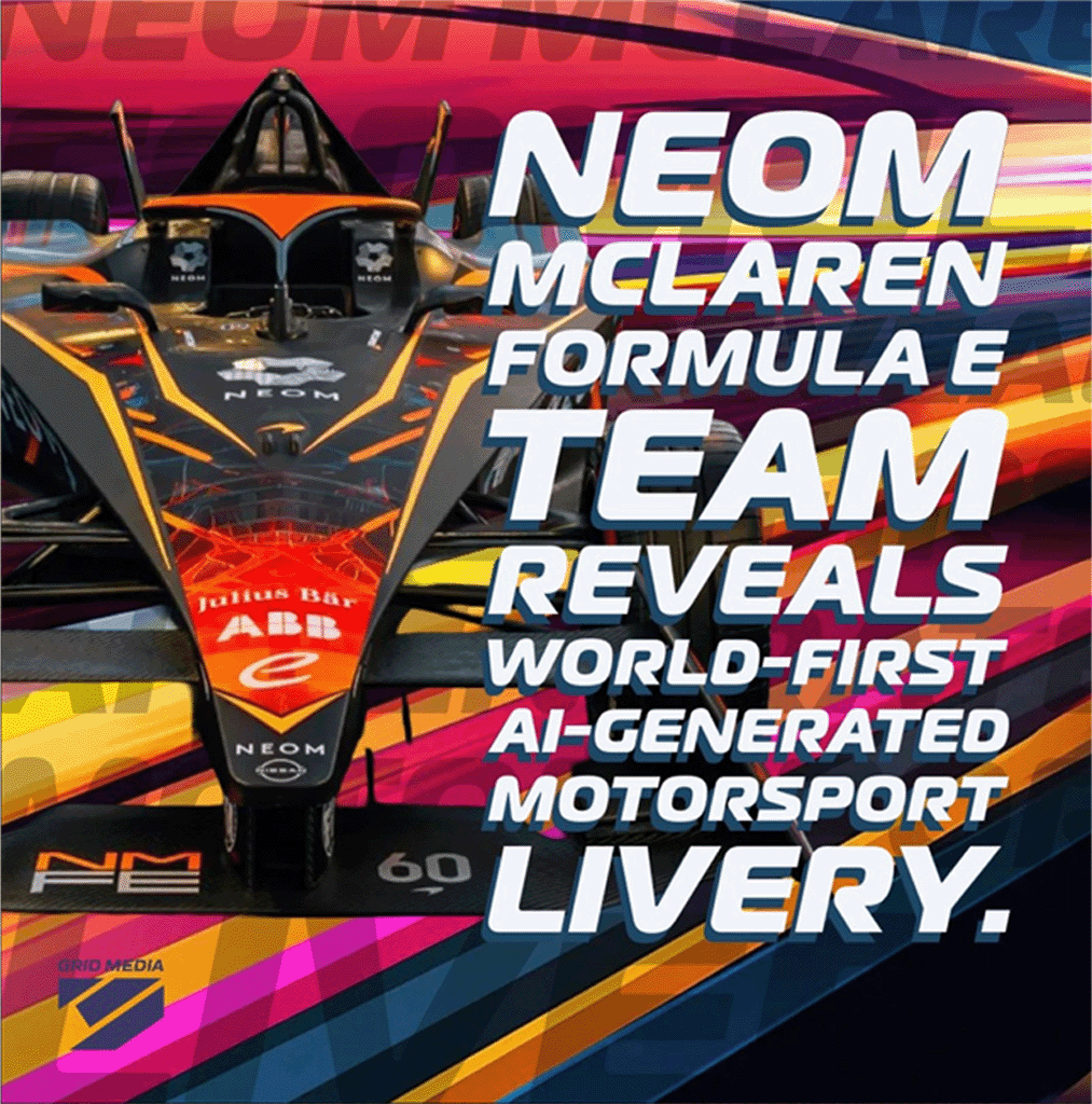 Colourful social media post of a forumla-e car detailing the words first AI-Generated livery in Motorsport