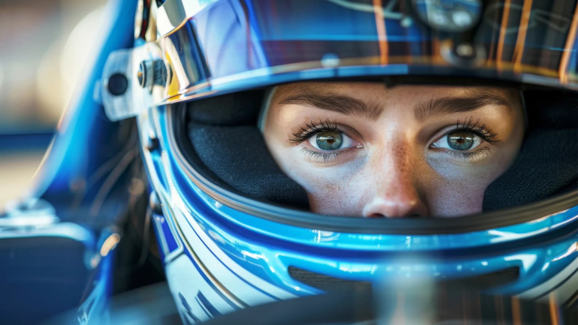 Woman race driver smiling next to car